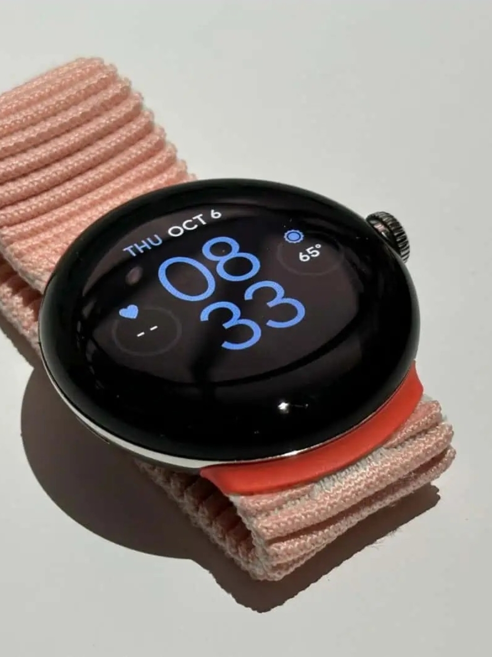 1st Gen google Pixel Watch with Pink Fabric Band and Coral Accent (Gold Watch)